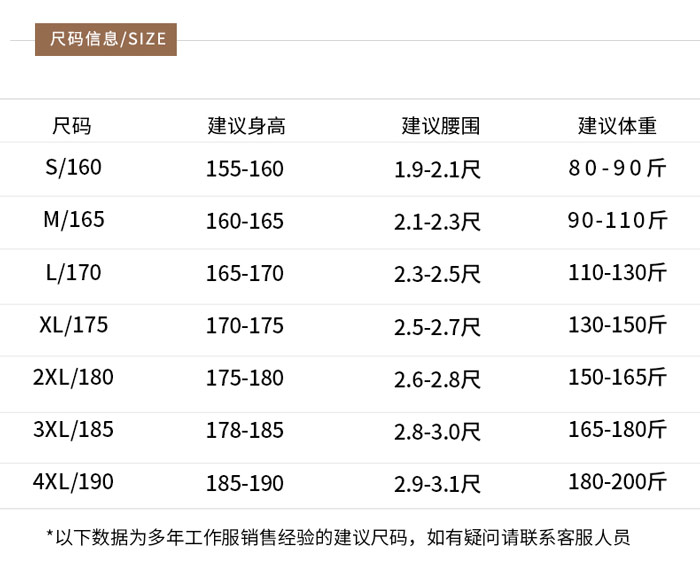 防靜電短袖夾克尺寸數(shù)據(jù)表