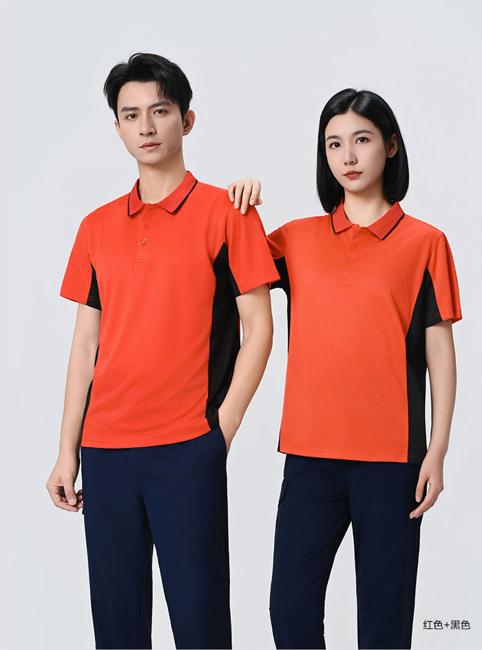 紅色搭配黑色防靜電短袖POLO衫模特效果展示圖 紅色搭配黑色防靜電短袖POLO衫模特效果展示圖