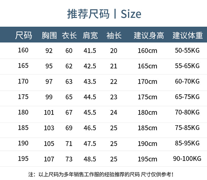 棉滌防靜電短袖翻領T恤衫定制的尺寸表